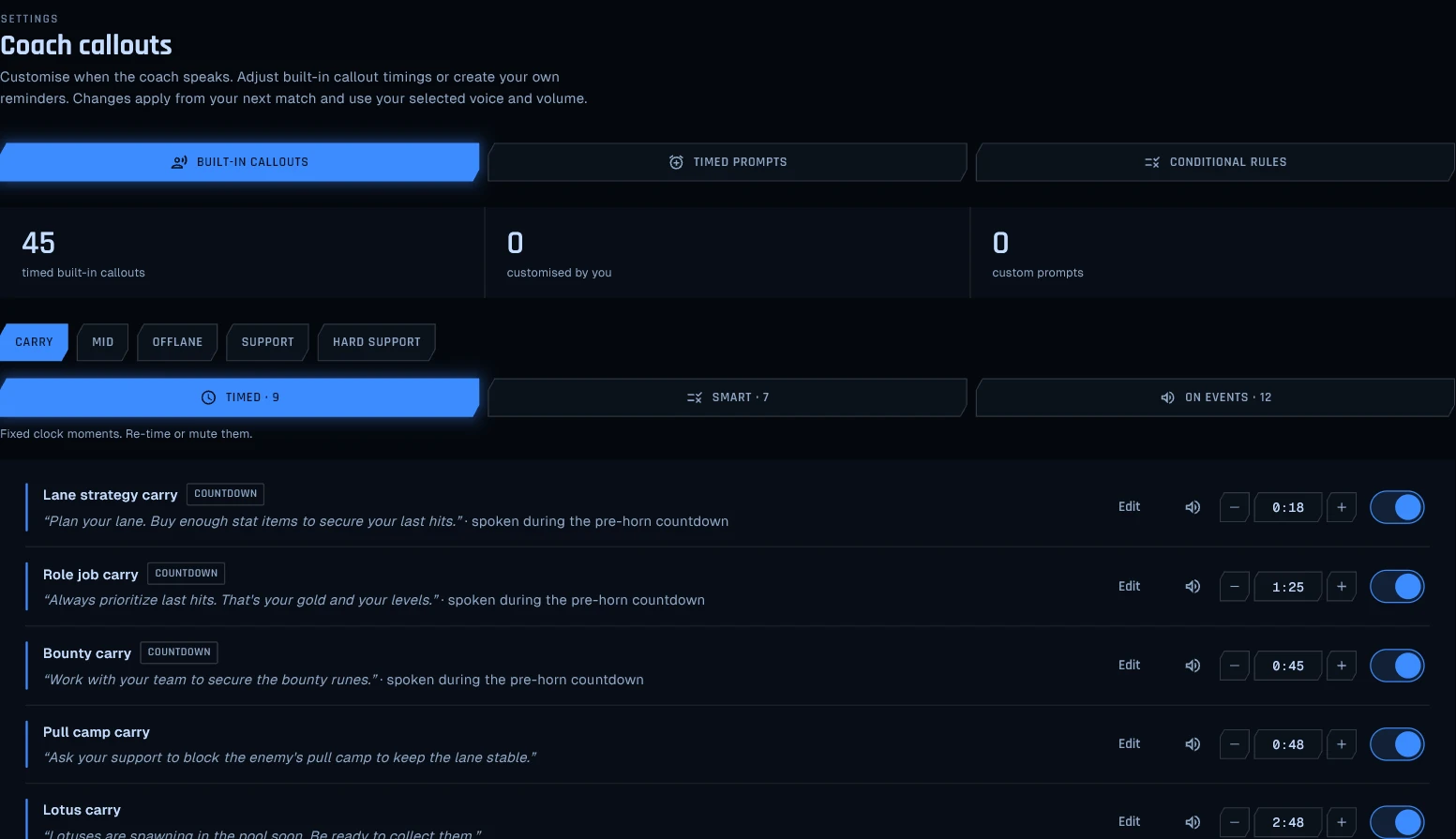 Coach callouts settings in the app: 45 timed built-in callouts, carry selected, with each callout's timing, a voice preview and an on and off switch.